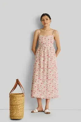Strappy Gathered Midi Dress in Pink Florals | Color: Petal fusion | Size: 2XL