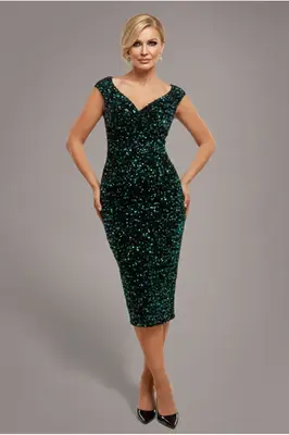 Goddiva Multi Sequin & Velvet Bardot Midi - Emerald Green