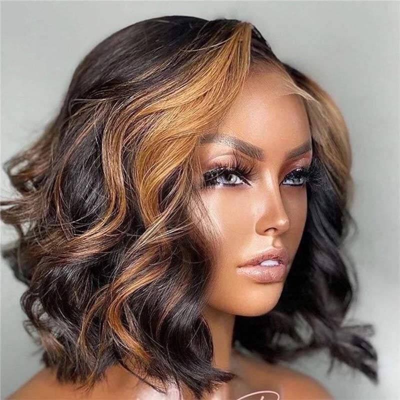 Gorgeous Skunk Strip Highlight Short Body Wave Bob Wig Human Hair 4x4 13x4 Transparent Lace Wig