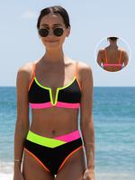 Popvil V-Wire Color Block High Waisted Bikini Set, Neon Swimsuit for Women, Tummy Control Bathing Suit, Modest Swimsuits,Outd...