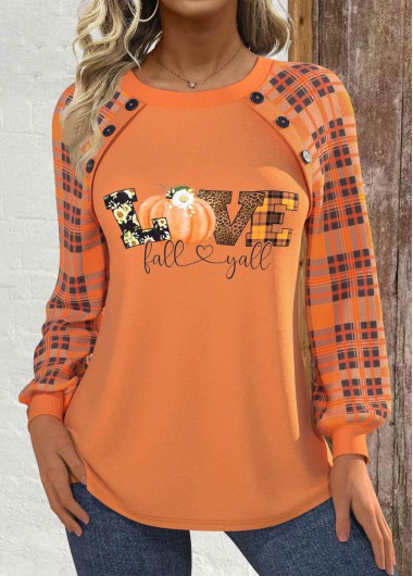 Modlily Halloween Orange Button Long Sleeve Round Neck Sweatshirt - XXL