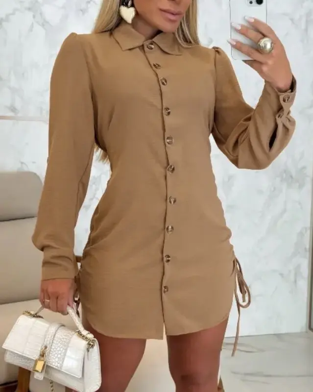 Women Shirt Dress Long Sleeve Button Down Blouses Side Drawstring Mini Dresses
