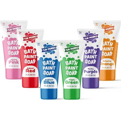 Tub Works Bathtub Finger Paint Soap 6-Pack Non-Toxic Washable Kids Bath Paint Vibrant Colors Fun for Creative Bathtime Activi...