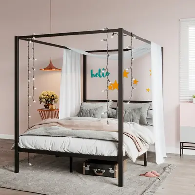 SHA CERLIN Metal Canopy Bed FrameăFrame Only No Mattressă Full/Queen Size Frame Base with Metal Slats Support/No Box Spri...