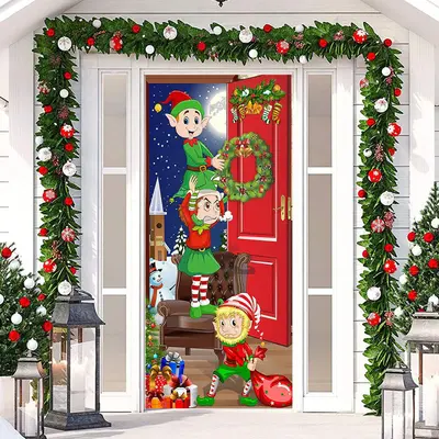 Christmas Elfs Night Moon Gifts Snowman Door Cover - Aperturee