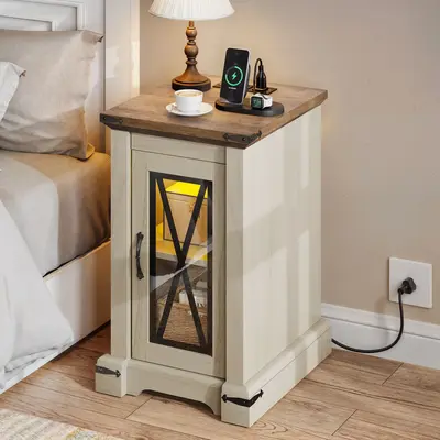 DWVO Farmhouse End Table Bedside Table with LED Lights, Nightstand with Charging Station, Adjustable Storage Shelf Sofa Side ...