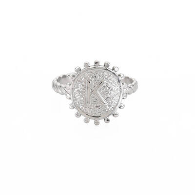 Non-Tarnish 304 Stainless Steel Flat Round with Initial Letter Open Cuff Ring for Men Women