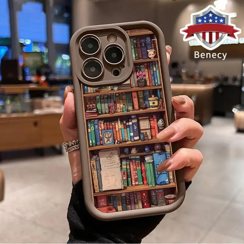Cartoon Bookshelf Pattern TPU Phone Case for iPhone 17 Pro Max 16 15 14 Plus 13 12 11 Air XR X XS Plus Shockproo...