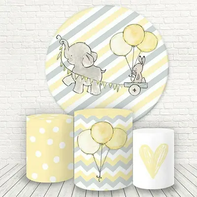 Aperturee Yellow And Grey Elephant Round Baby Shower Backdrop Kit | Round Backdrop Stand Covers | Circle Backdrop Baby Shower...