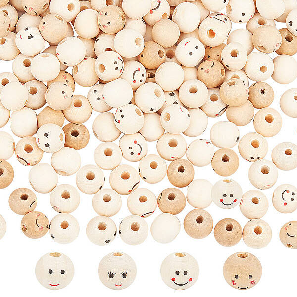 200Pcs 4 Styles Printed Wood Beads