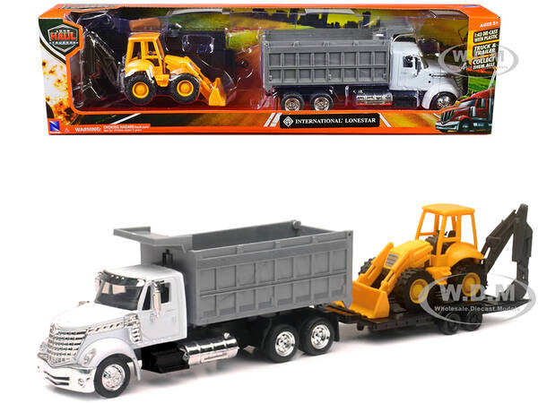 International Lonestar Dump Truck White and Wheel Loader Yellow with Flatbed Trailer \