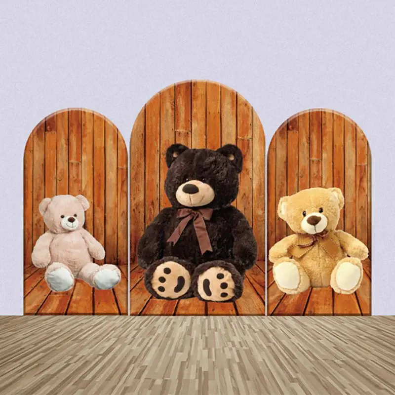 Wooden Floor Teddy Bears Birthday Arch Backdrop Kit - Aperturee