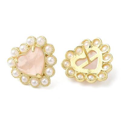 Ion Plating(IP) Natural Rose Quartz Heart Stud Earrings with Plastic Pearl Beaded