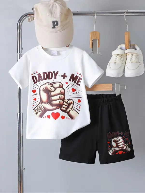 Two-piece Set Boy's Letter Print Short Sleeve Tee & Shorts, Casual Round Neck T-shirt & Shorts for Summer, Kids Clothes for D...