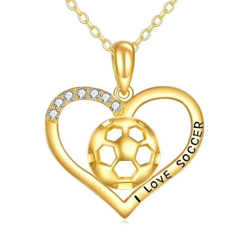 14K Gold Cubic Zirconia Football Heart Necklace for Women