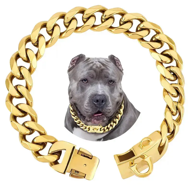 🔥TikTok Favorite!19mm Gold Stainless Steel Dog Collar - Chew-Proof Heavy Duty Chain for Large Dogs✨ Big Breed Approved &...