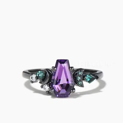 Coffin Natural Amethyst Moon Engagement Ring Emerald Cluster Celestial Ring