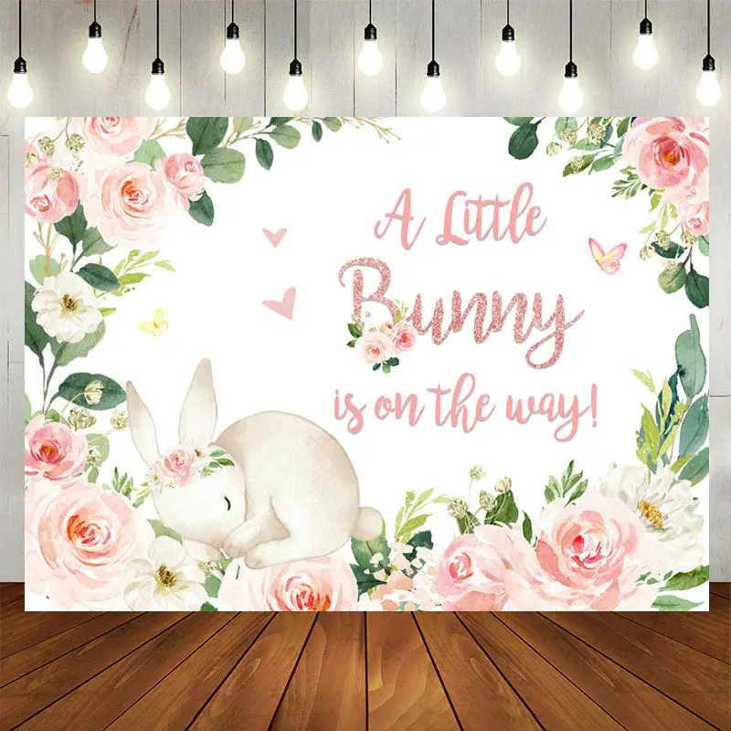 Aperturee Bunny Is On The Way Floral Baby Shower Backdrop