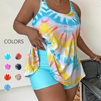 【Plus Size】Tie Dye Print Cami Top & Shorts Summer Tankinis Set, Summer Clothes, Casual Sleeveless Spaghetti Strap Top & S...