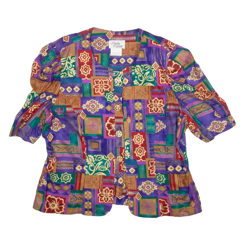LADY CAROL Womens Printed Blouse Purple Puff Sleeve Crazy Pattern M