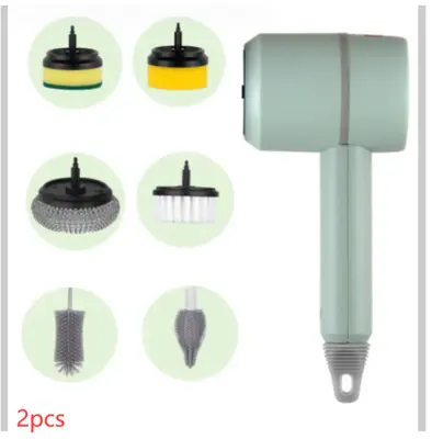 Electric Cleaning Brush Multifunctional Scouring Pad | style: Green With six brush heads | quantity: 2PCS
