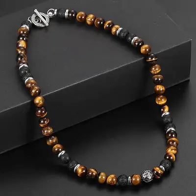 Men's 8mm Tiger Eye & Lava Bead Necklace with Stainless Steel Toggle - 18/20/24 Inch