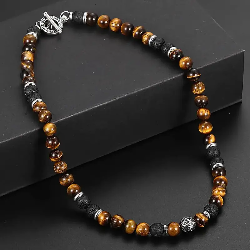 Men's 8mm Tiger Eye & Lava Bead Necklace with Stainless Steel Toggle - 18/20/24 Inch