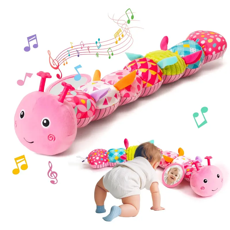 Baby Girls Toys 0-6 Month Music Animal Stuffed Caterpillar Toy for Infant 0-3 3-6 Months with Mirror Crinkle Rattle Tummy Tim...