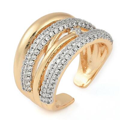 Brass Micro Pave Clear Cubic Zirconia Multi-layer Open Cuff Ring for Women