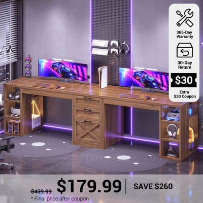 SEDETA | 96.5 Inch Farmhouse Computer Desk Gaming Double Desk with Drawers and Storage Shelves Rustic Brown Home Office Furni...