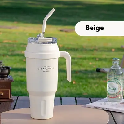 Stainless Steel Double-layer Vacuum Large Capacity Outdoor Portable Insulation Cup | Color: Beige | Capacity: 1400ml