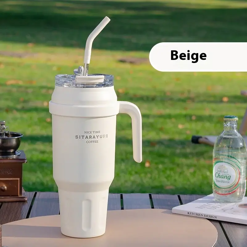 Stainless Steel Double-layer Vacuum Large Capacity Outdoor Portable Insulation Cup | Color: Beige | Capacity: 1400ml