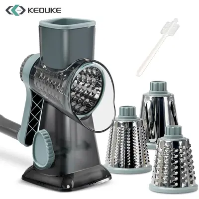 Keouke Rotary Cheese Grater, 1 Count Manual Vegetable Chopper with 3 Counts Replaceable Stainless Steel Cutting Blade, Vegeta...