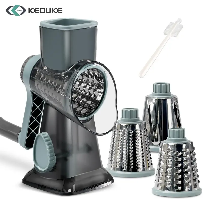 Keouke Rotary Cheese Grater, 1 Count Manual Vegetable Chopper with 3 Counts Replaceable Stainless Steel Cutting Blade, Vegeta...