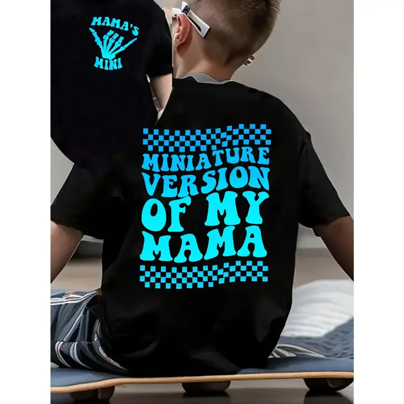 [Boys' Cotton Tee] Boys' Breathable Cotton T-Shirt Miniature Version of My Mama |   Dual-Sided Print, Black with Blue Let...