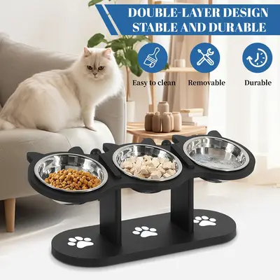 3-Layer Elevated Cat Feeder, Adjustable 15 Degree Angle, Stainless steel Pet Food Bowl With 3 Brackets, Easy To Assemble And ...