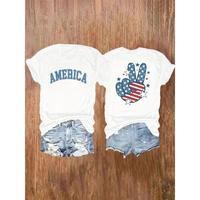 Women's Patriotic America Print T-Shirt, 4th of July Stars & Stripes Peace Sign Graphic, Casual Crew Neck Top, Breathable Sum...