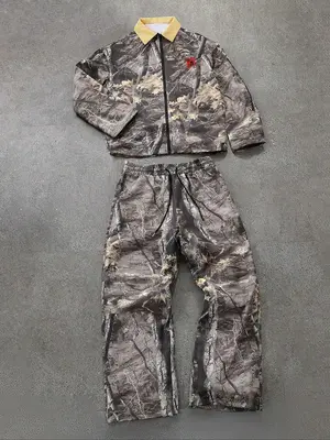 Men's Camo Print Zip Up Jacket & Drawstring Waist Pants Two-piece Set, Regular Fit Casual Fashion Long Sleeve Collared Outerw...