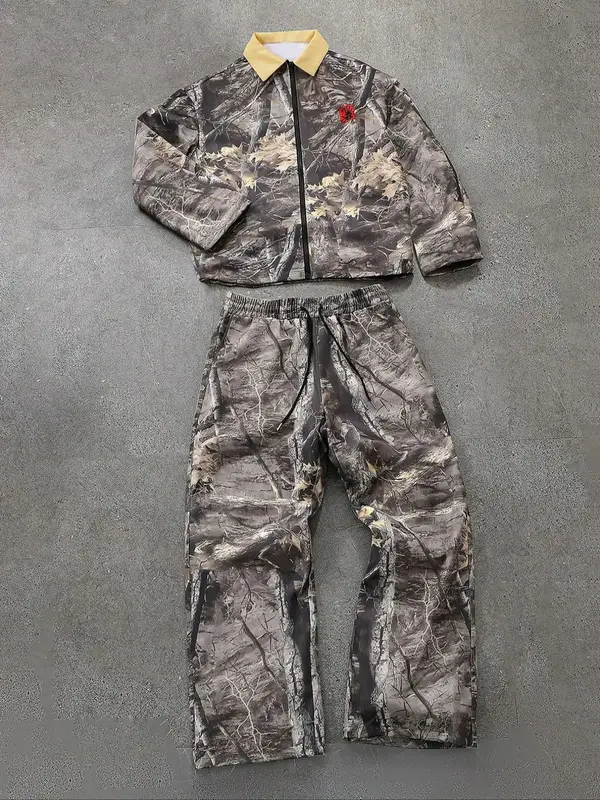 Men's Camo Print Zip Up Jacket & Drawstring Waist Pants Two-piece Set, Regular Fit Casual Fashion Long Sleeve Collared Outerw...