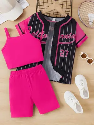 Girl's Letter Print Button Front Shirt & Plain Crop Cami Top & Elastic Waist Shorts Set, Striped Print Contrast Binding Short...