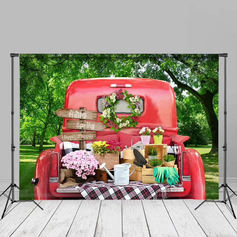 Green Forest Red Truck Floral Happy Spring Backdrop - Aperturee