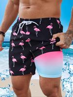 Men's Flamingo Print 2 in 1 Swimming Shorts, Casual Comfy Breathable Swim Shorts for Beach Vacation, Men's Swimwear for All S...