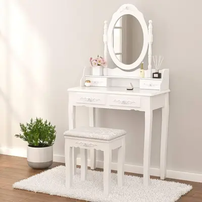 FCH Modern Dressing Table,Girls Dressing Table Set with Mirror and Stool and Lamp with 4-5 Drawers plus Makeup Stool,Wooden P...