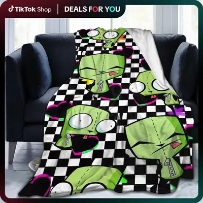 Quirky Green Bot Throw Blanket – Y2K Cartoon Style with Checkerboard & Neon Hearts – Soft Cozy Flannel for Bed, Couch, or...