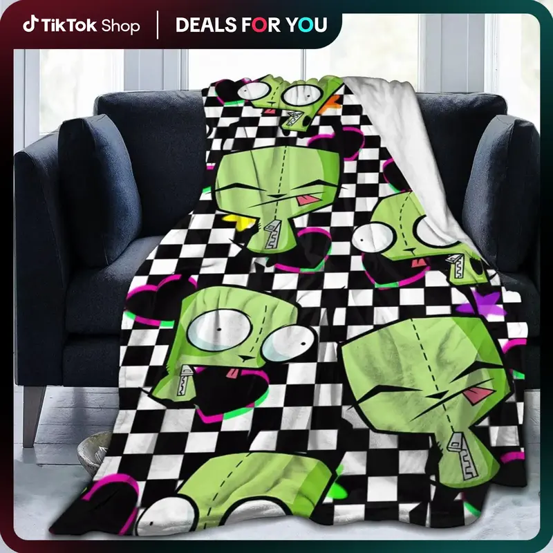 Quirky Green Bot Throw Blanket – Y2K Cartoon Style with Checkerboard & Neon Hearts – Soft Cozy Flannel for Bed, Couch, or...