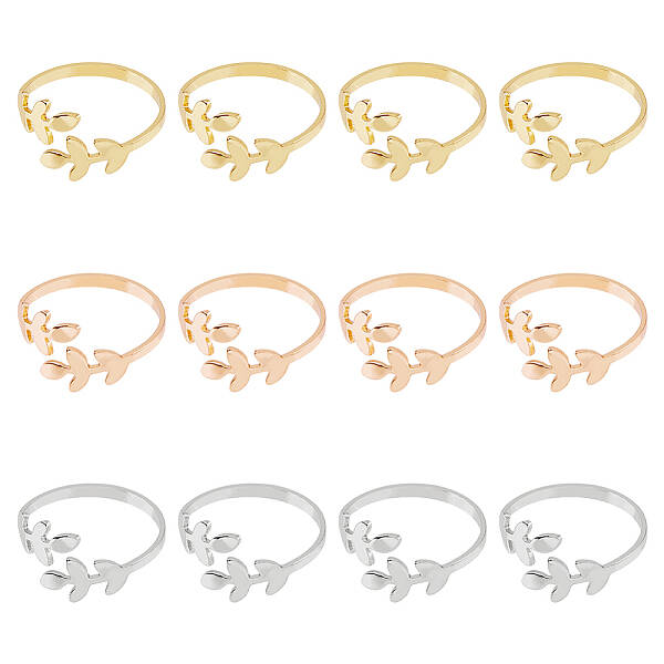 12Pcs 3 Colors Alloy Leafy Branch Open Cuff Finger Rings Set for Women