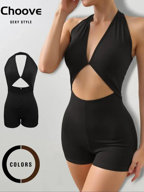 Women's Back To School Solid Cut Out Backless Halter Romper, Casual Sleeveless Skinny Romper for Summer, Fashion Women's Clot...