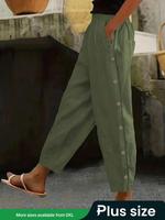 【Plus Size】 Solid Button Decor Pocket Pants, Casual Comfy Trousers for Summer, Women's Bottoms for Daily Wear, Casual Loo...