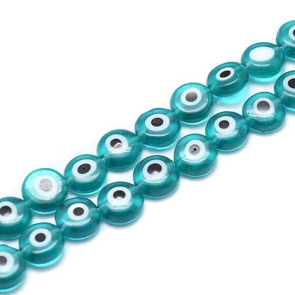Handmade Evil Eye Lampwork Flat Round Bead Strands