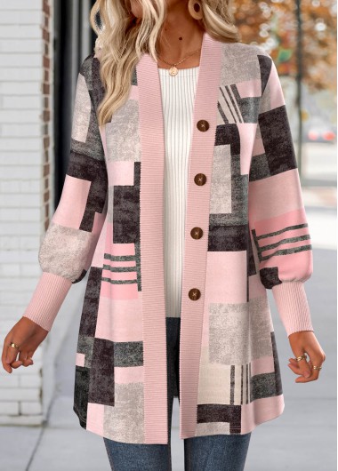 Modlily Light Pink Button Geometric Print Long Sleeve Coat - M